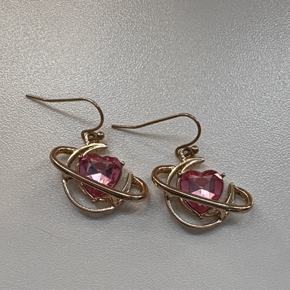 Hot Topic Gold-Tone Orbit Heart Drop Earrings with Pink Crystals
